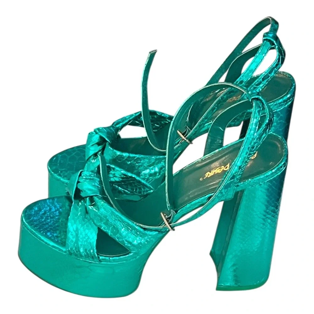 Public Desire x ASOS Leo Metallic Green Platform Heels Strappy Chunky Party Sz 9